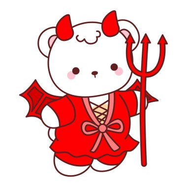 Cadılar Bayramı temalı şirin ayı kış ikonu tasviri. Kırmızı şeytan kostümlü ayı kışı