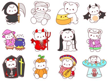 Cadılar Bayramı temalı şirin ayı kış ikonu tasviri. Cadılar bayramı kostümü çeşitleriyle ayı kışı