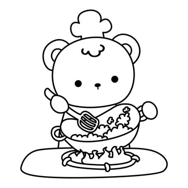 Sevimli ayı kış ikonunun renkli sayfaları. Kızarmış pirinç pişiren ayının ana hatları.