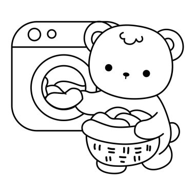 Sevimli ayı kış ikonunun renkli sayfaları. Ayı kışının ana hatları çamaşır makinesinde çamaşır yıkamak.