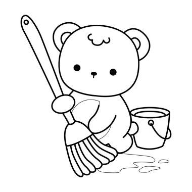 Sevimli ayı kış ikonunun renkli sayfaları. Ayı kışının ana hatları yerleri paspasla temizliyor.