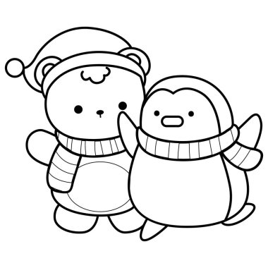 Noel temalı şirin ayı kış ikonunun renkli sayfaları. Ayı kışı ile penguenin ana hatları