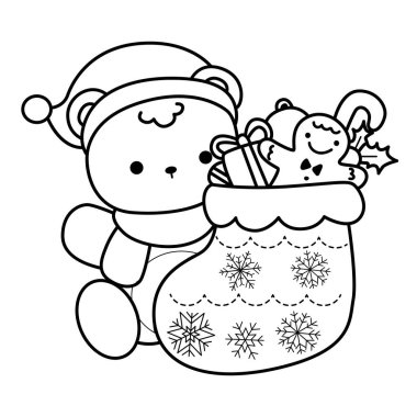 Noel temalı şirin ayı kış ikonunun renkli sayfaları. Ayı kışı çizgisi Kırmızı bir çorap getir