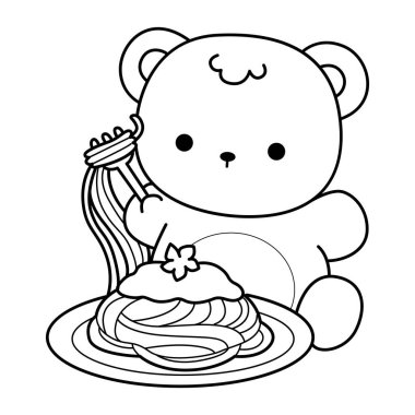 Sevimli ayı kış ikonunun renkli sayfaları. Ayı kışı spagetti yiyişinin ana hatları