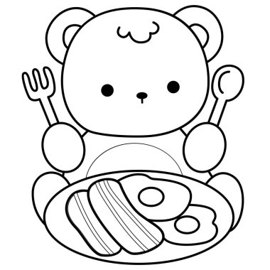 Sevimli ayı kış ikonunun renkli sayfaları. Ayı kışının ana hatları domuz pastırması yemek istiyor.