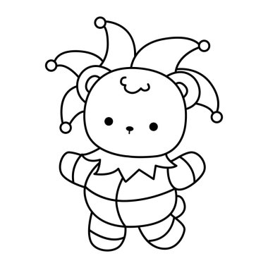 Cadılar Bayramı temalı şirin ayı kış ikonunun renkli sayfaları. Palyaço kostümü giymiş ayı kışı.