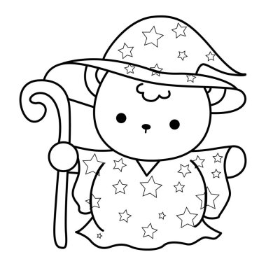 Cadılar Bayramı temalı şirin ayı kış ikonunun renkli sayfaları. Cadı kostümü giymiş ayı kışı.