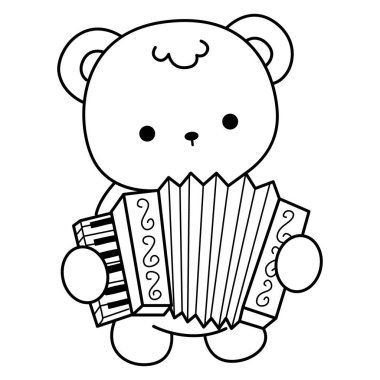 Sevimli ayı kış ikonunun renkli sayfaları. Akordeon çalan ayının ana hatları