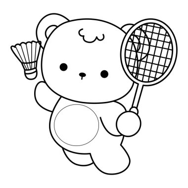 Sevimli ayı kış ikonunun renkli sayfaları. Badminton oynayan ayının ana hatları