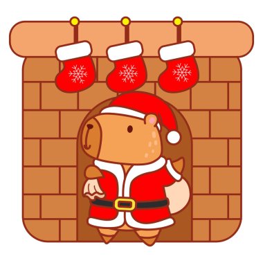 Noel temalı çocuklar için şirin Capybara karakter klibi resimleri. Capybara şöminede