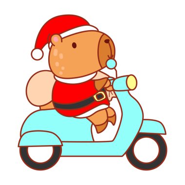Noel temalı çocuklar için şirin Capybara karakter klibi resimleri. Capybara motosiklet sürüyor.