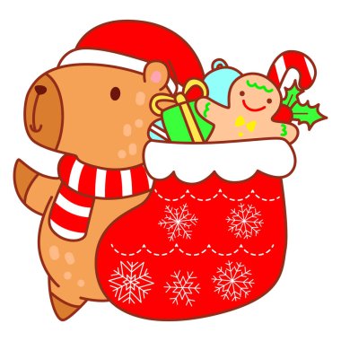 Noel temalı çocuklar için şirin Capybara karakter klibi resimleri. Capybara kırmızı çorap getir.