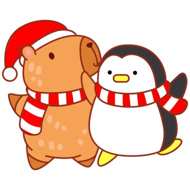 Noel temalı çocuklar için şirin Capybara karakter klibi resimleri. Penguenli Capybara
