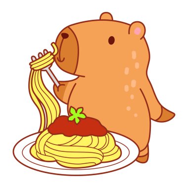 Çocuklar için sevimli Capybara karakter klipsleme sanatı. Capybara spagetti yemek istiyor.