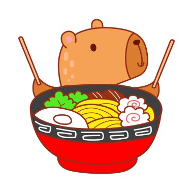 Çocuklar için sevimli Capybara karakter klipsleme sanatı. Capybara ramen yemek istiyor.