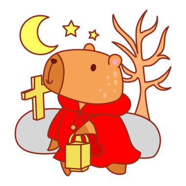 Cadılar Bayramı temalı çocuklar için şirin Capybara karakter klipleri. Capybara kırmızı kapüşonlu ve fener getir.