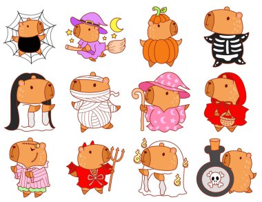 Cadılar Bayramı temalı çocuklar için şirin Capybara karakter klipleri. Cadılar Bayramı dekorasyonunun varyasyonuyla Capybara