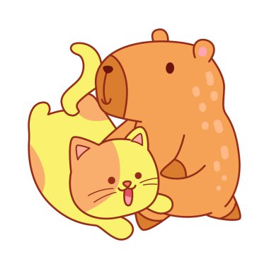 Çocuklar için sevimli Capybara karakter klipsleme sanatı. Capybara kedi yavrusuyla oynuyor