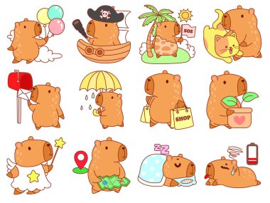 Çocuklar için sevimli Capybara karakter klipsleme sanatı. Rastgele etkinlik varyasyonunda Capybara