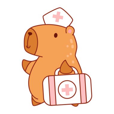 Çocuklar için sevimli Capybara karakter klipsleme sanatı. Capybara ilk yardım çantasını getir.