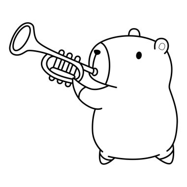 Çocuklar için şirin Capybara karakter klipsi sanatı boyama kitabı. Trompet çalan Capybara çizgisi