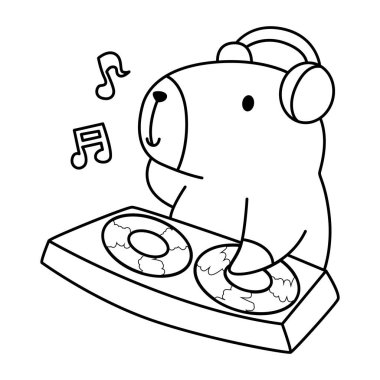 Çocuklar için şirin Capybara karakter klipsi sanatı boyama kitabı. Kulüpte disk çalan Capybara 'nın ana hatları