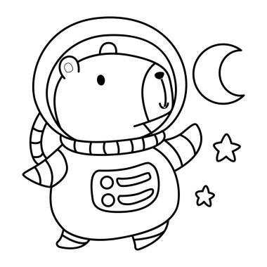 Çocuklar için şirin Capybara karakter klipsi sanatı boyama kitabı. Bir astronot gibi Capybara 'nın ana hatları