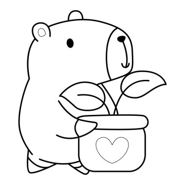 Çocuklar için şirin Capybara karakter klipsi sanatı boyama kitabı. Capybara 'nın ana hatları yapraklı bir kap getirir.