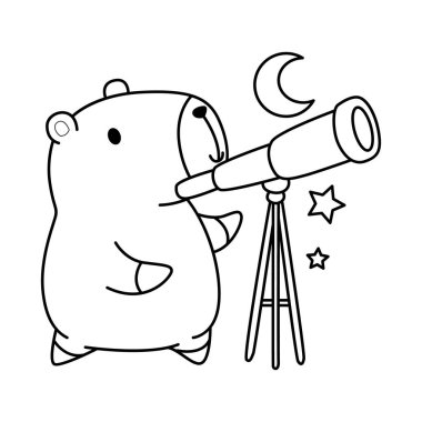 Çocuklar için şirin Capybara karakter klipsi sanatı boyama kitabı. Capybara 'nın ana hatları Ay' ı teleskopla görüyor