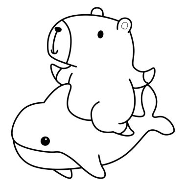 Çocuklar için şirin Capybara karakter klipsi sanatı boyama kitabı. Köpekbalığına binen Capybara 'nın taslağı