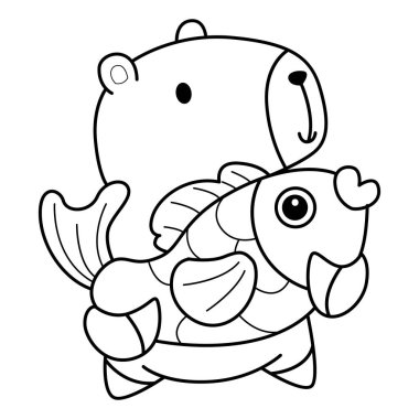 Çocuklar için şirin Capybara karakter klipsi sanatı boyama kitabı. Capybara 'nın ana hatları altın bir balık getiriyor.