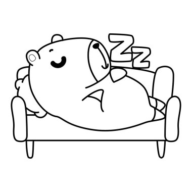 Çocuklar için şirin Capybara karakter klipsi sanatı boyama kitabı. Kanepede yatan Capybara 'nın taslağı.