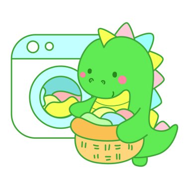 Çocuklar için sevimli dinazor karakter klibi resimleri. Dinozor çamaşır makinesiyle çamaşır yıkıyor.