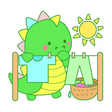 Çocuklar için sevimli dinazor karakter klibi resimleri. Dinozor güneşin altındaki giysileri kurutup temizler.