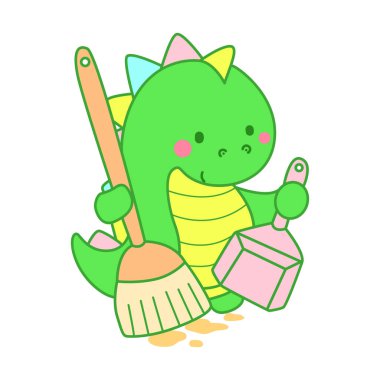 Çocuklar için sevimli dinazor karakter klibi resimleri. Dinozor süpürge ve toz bezi getir.