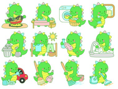 Çocuklar için sevimli dinazor karakter klibi resimleri. Ev işleri ve temizlik hizmetlerinde dinozor çeşitliliği