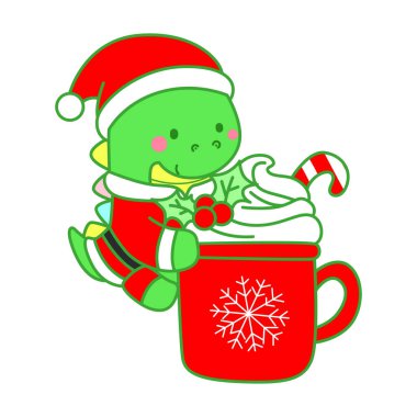 Çocuklar için sevimli Noel Dinazoru karakter klipleri çizimleri. Dinozor sıcak çikolata getirir.