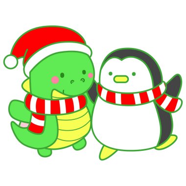Çocuklar için sevimli Noel Dinazoru karakter klipleri çizimleri. Penguenli dinozor