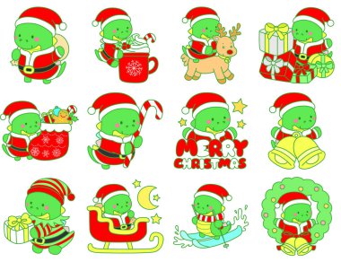 Çocuklar için sevimli Noel Dinazoru karakter klipleri çizimleri. Mutlu Noel 'in varyasyonunda dinozor