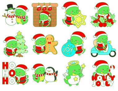 Çocuklar için sevimli Noel Dinazoru karakter klipleri çizimleri. Dinozor yılbaşı dekoru varyasyonunda