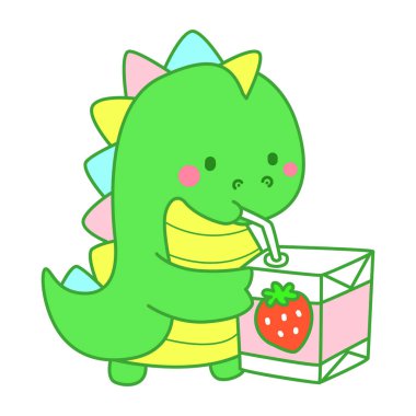 Çocuklar için sevimli dinazor karakter klibi resimleri. Dinozor çilekli süt içiyor.