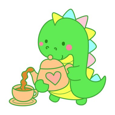 Çocuklar için sevimli dinazor karakter klibi resimleri. Dinozor çaydanlıktan çay dolduruyor.