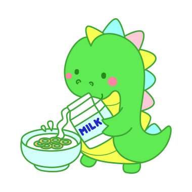 Çocuklar için sevimli dinazor karakter klibi resimleri. Dinozor mısır gevreği kasesine süt döküyor.