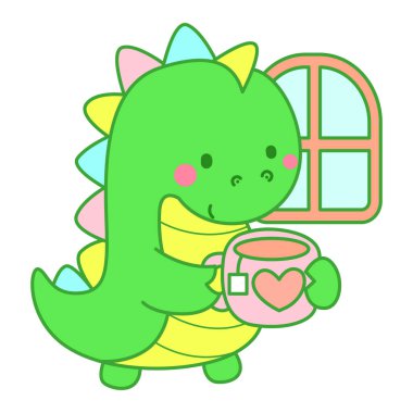 Çocuklar için sevimli dinazor karakter klibi resimleri. Dinozorlar sıcak çayın tadını çıkarır.