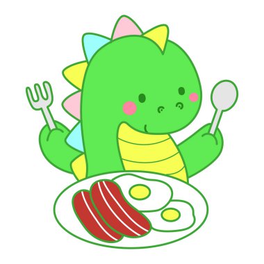 Çocuklar için sevimli dinazor karakter klibi resimleri. Dinozor pastırma ve yumurta yemek ister.