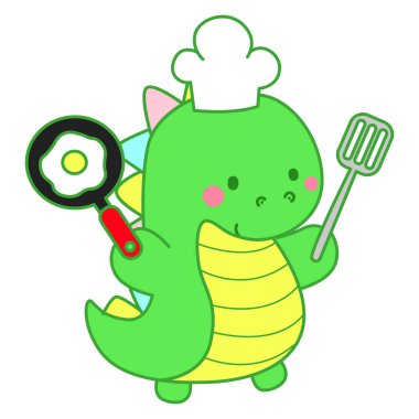 Çocuklar için sevimli dinazor karakter klibi resimleri. Dinozor yumurta pişirmek istiyor.