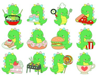 Çocuklar için sevimli dinazor karakter klibi resimleri. Abur cubur ve sokak yiyeceklerinin varyasyonunda dinozor