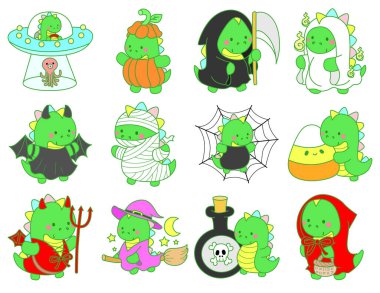 Çocuklar için şirin Cadılar Bayramı Dinozor karakter klibi resimleri. Mutlu cadılar bayramı varyasyonlu dinozor.