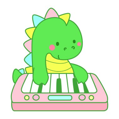 Çocuklar için sevimli dinazor karakter klibi resimleri. Piyano çalan bir dinozor.