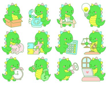 Çocuklar için sevimli dinazor karakter klibi resimleri. Para ve finans varyasyonunda dinozor